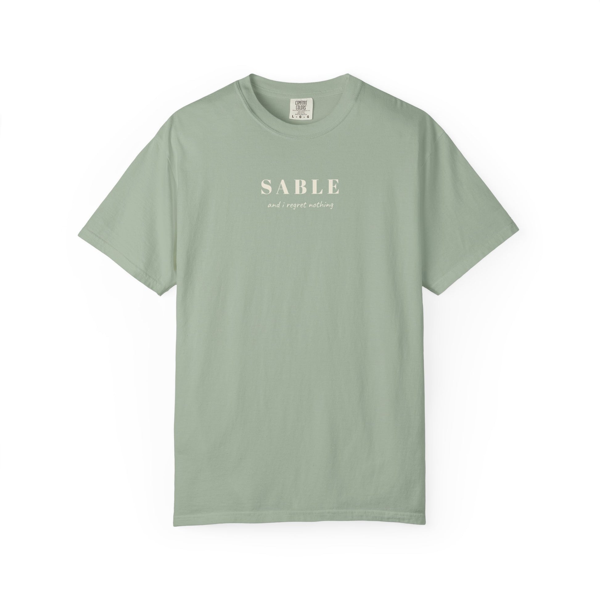 "SABLE and I Regret Nothing knitting t-shirt Bay Comfort Colors 1717, Stash Acquisition Beyond Life Expectancy"