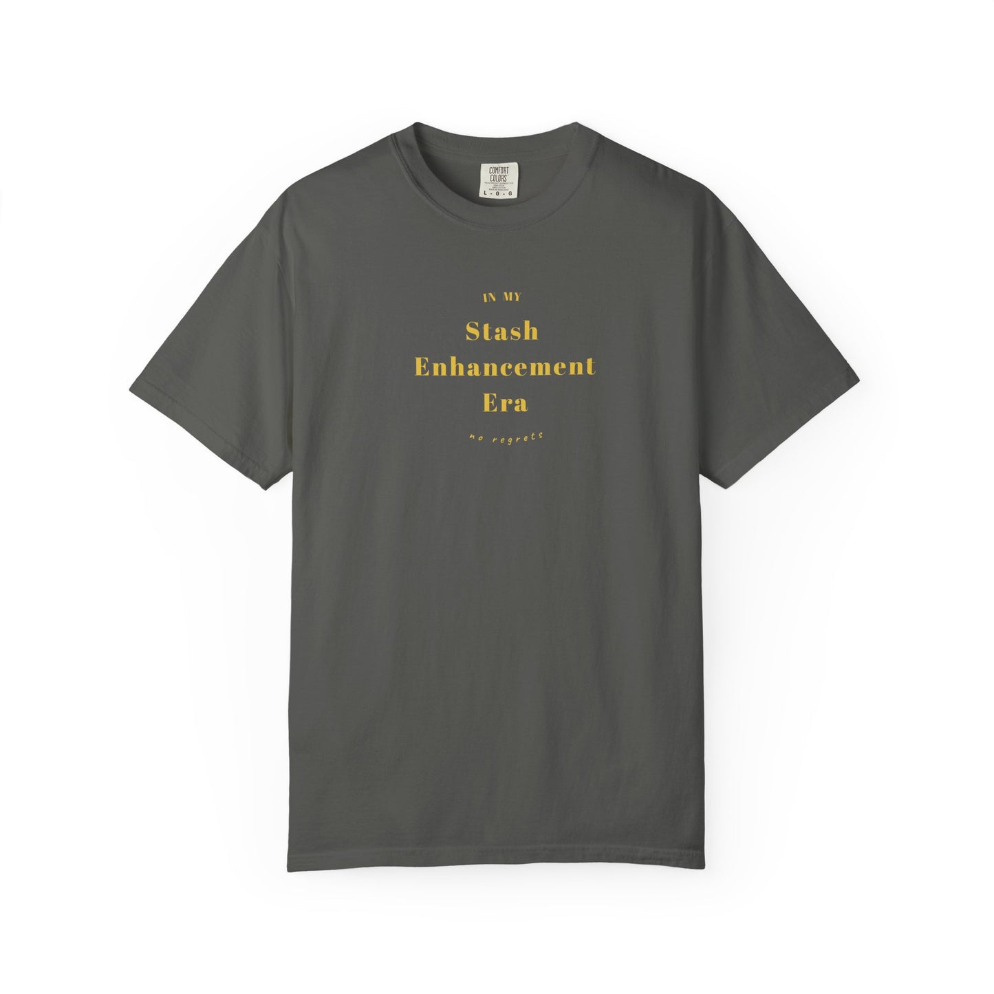 "In My Stash Enhancement Era No Regrets knitting t-shirt Pepper gold text Comfort Colors 1717"