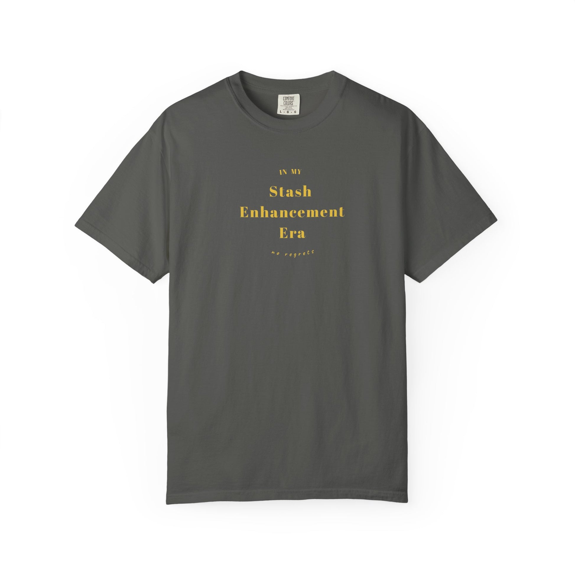 "In My Stash Enhancement Era No Regrets knitting t-shirt Pepper gold text Comfort Colors 1717"