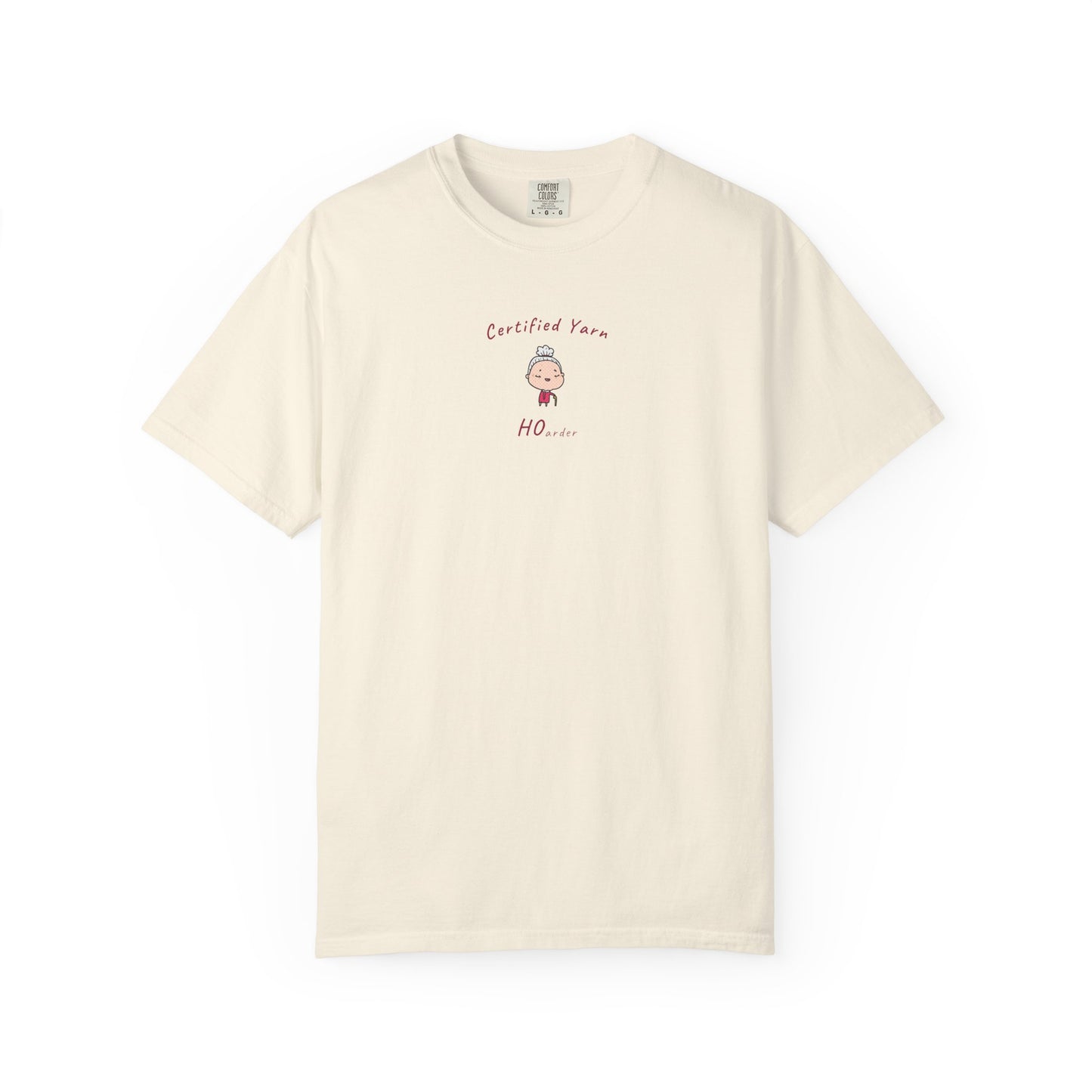 "Certified Yarn Hoarder funny knitting t-shirt Comfort Colors 1717 — illustrated old lady with cane upper chest design"