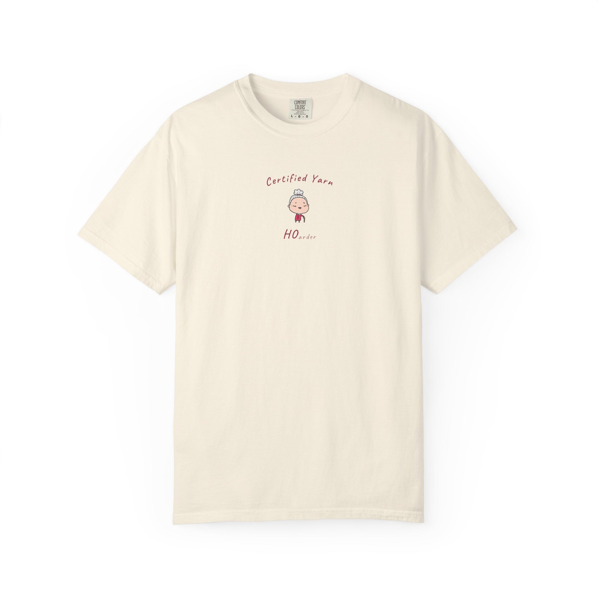 "Certified Yarn Hoarder funny knitting t-shirt Comfort Colors 1717 — illustrated old lady with cane upper chest design"
