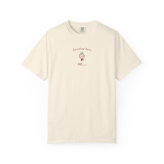 "Certified Yarn Hoarder funny knitting t-shirt Comfort Colors 1717 — illustrated old lady with cane upper chest design"