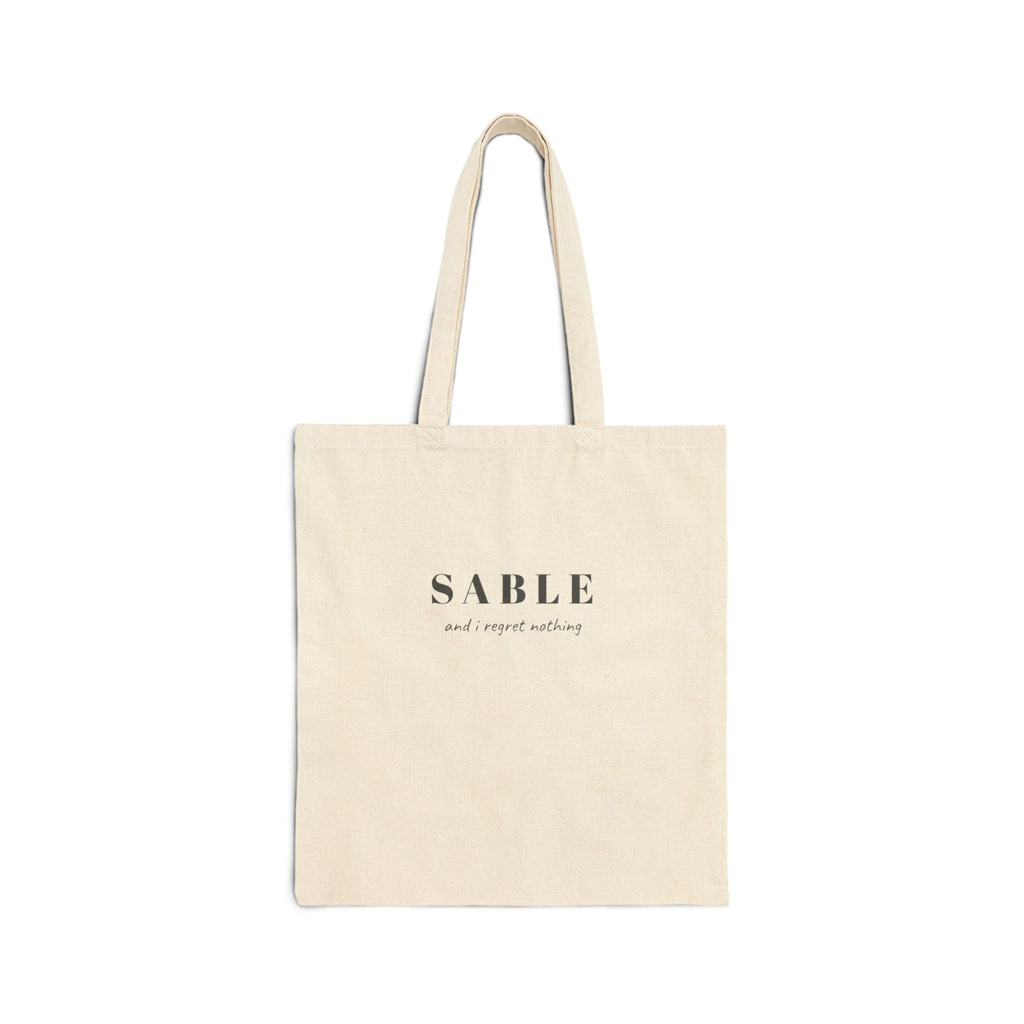 "SABLE and I Regret Nothing knitting tote bag natural canvas — project bag for knitters, printed both sides"
