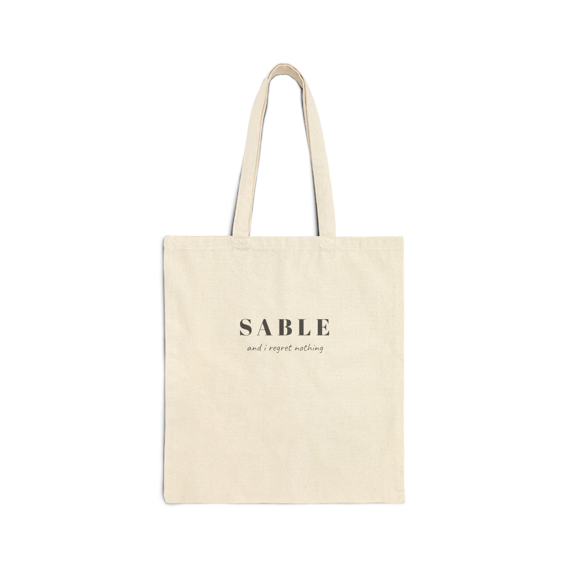 "SABLE and I Regret Nothing knitting tote bag natural canvas — project bag for knitters, printed both sides"