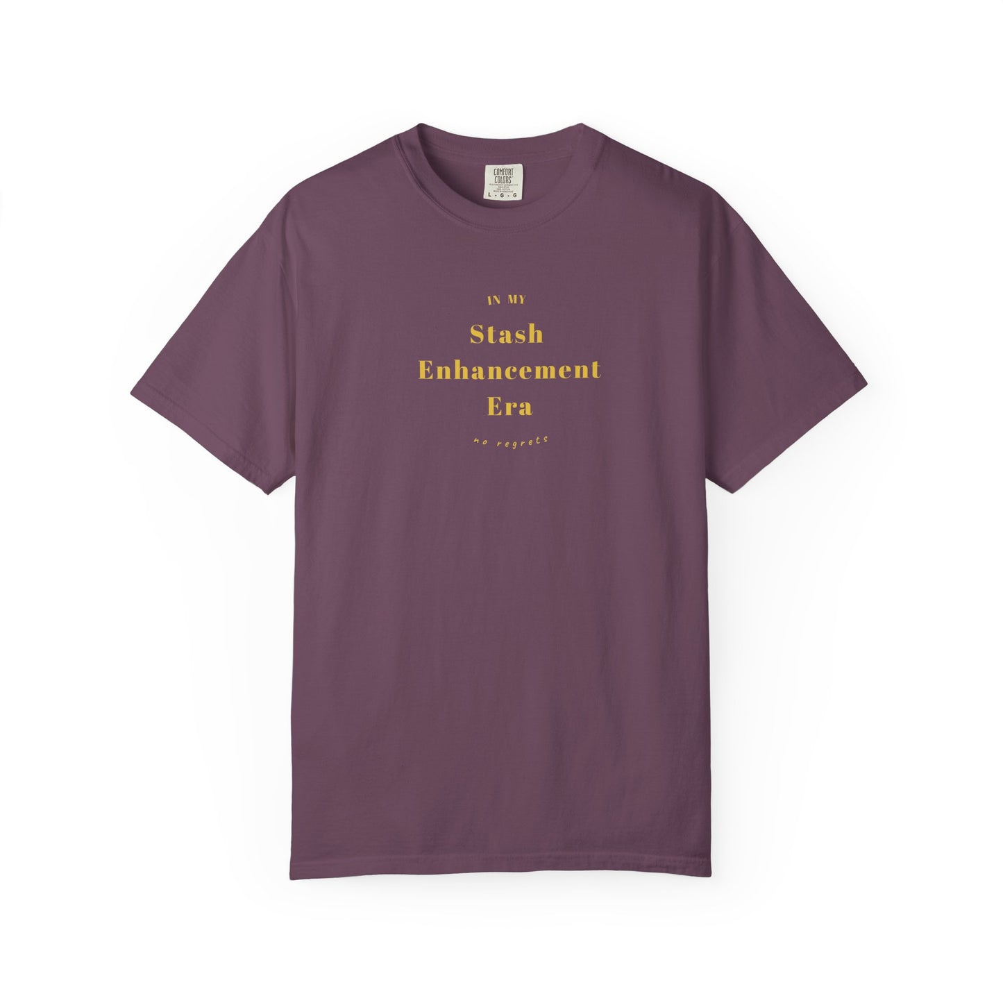 "In My Stash Enhancement Era No Regrets knitting t-shirt Berry gold text Comfort Colors 1717"