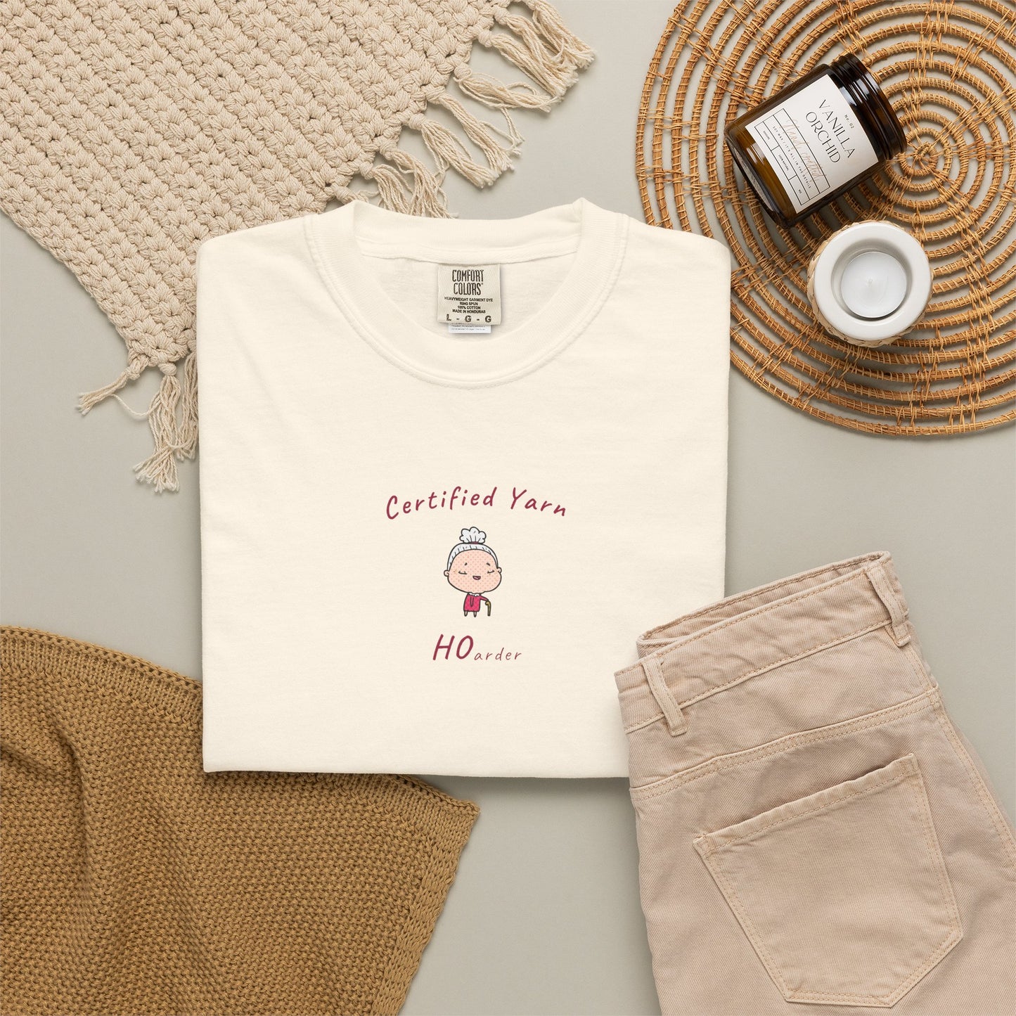 "Certified Yarn Hoarder funny knitting t-shirt Comfort Colors 1717 — illustrated old lady with cane upper chest design"